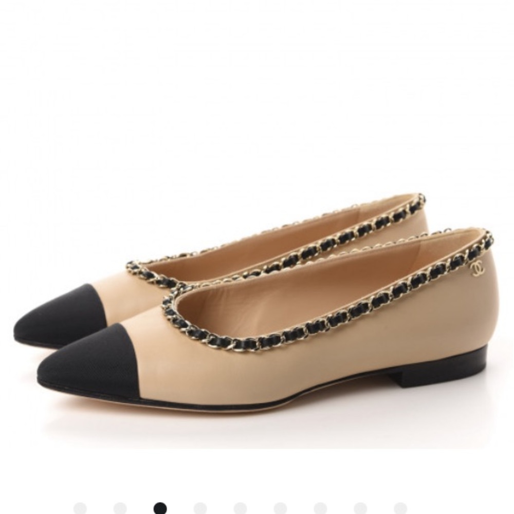 Chanel Lambskin Grosgrain Chain Cap Toe Flats